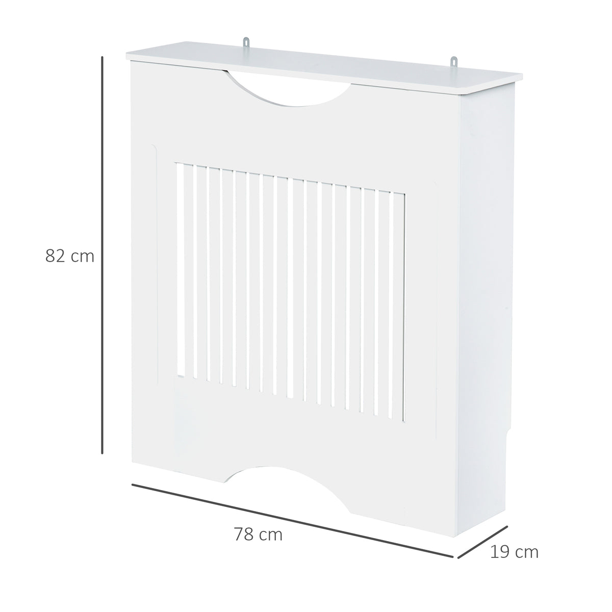 White slatted radiator cover cabinet, shown with dimensions of 82 x 78 x 19 cm