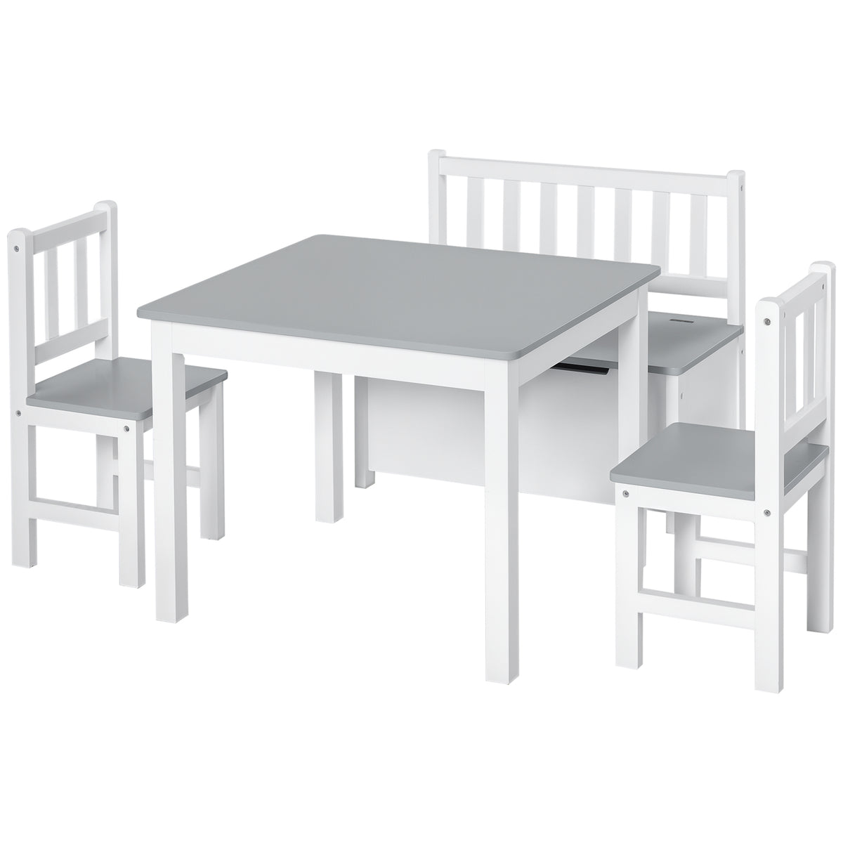 HOMCOM kids' table and chair set with gray tabletop, two chairs, and storage bench