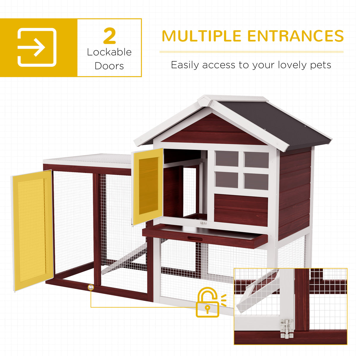 Wooden rabbit hutch with two open lockable doors and wire-mesh enclosure