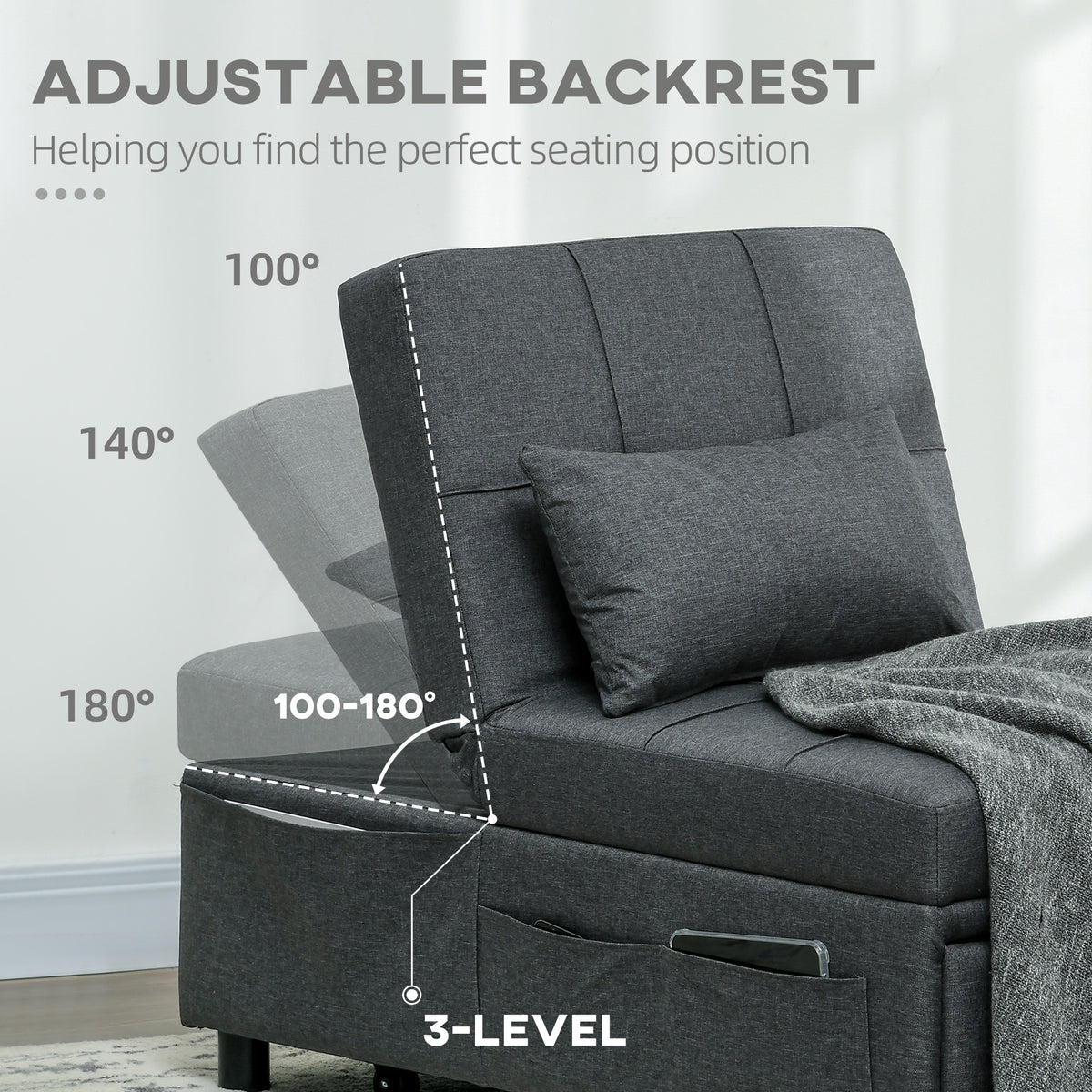 Grey convertible chair bed with pillow and three-position adjustable backrest