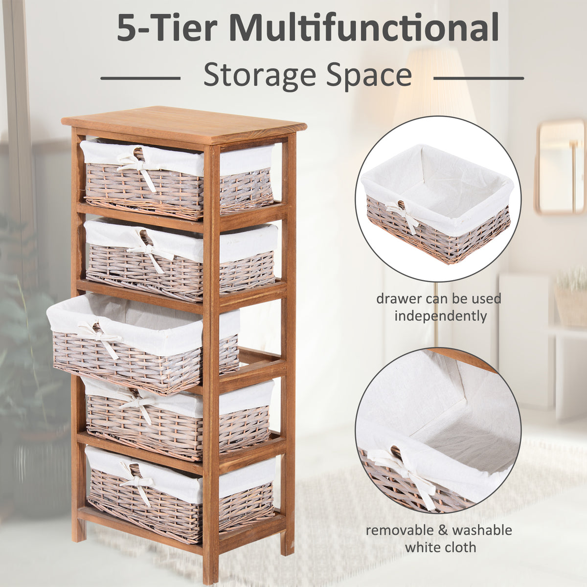 HOMCOM five-tier wicker storage unit with one basket pulled out and removable white liners