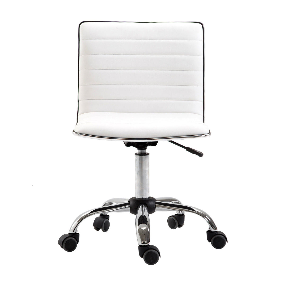 Front view of a white armless office chair with horizontal back padding and chrome base