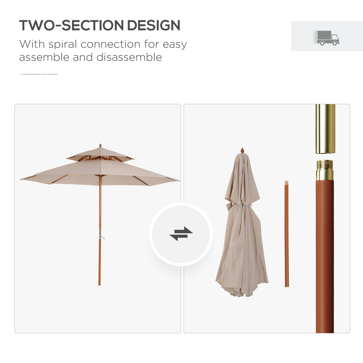 Beige two-tier wooden parasol shown open and folded, with a detachable pole connection