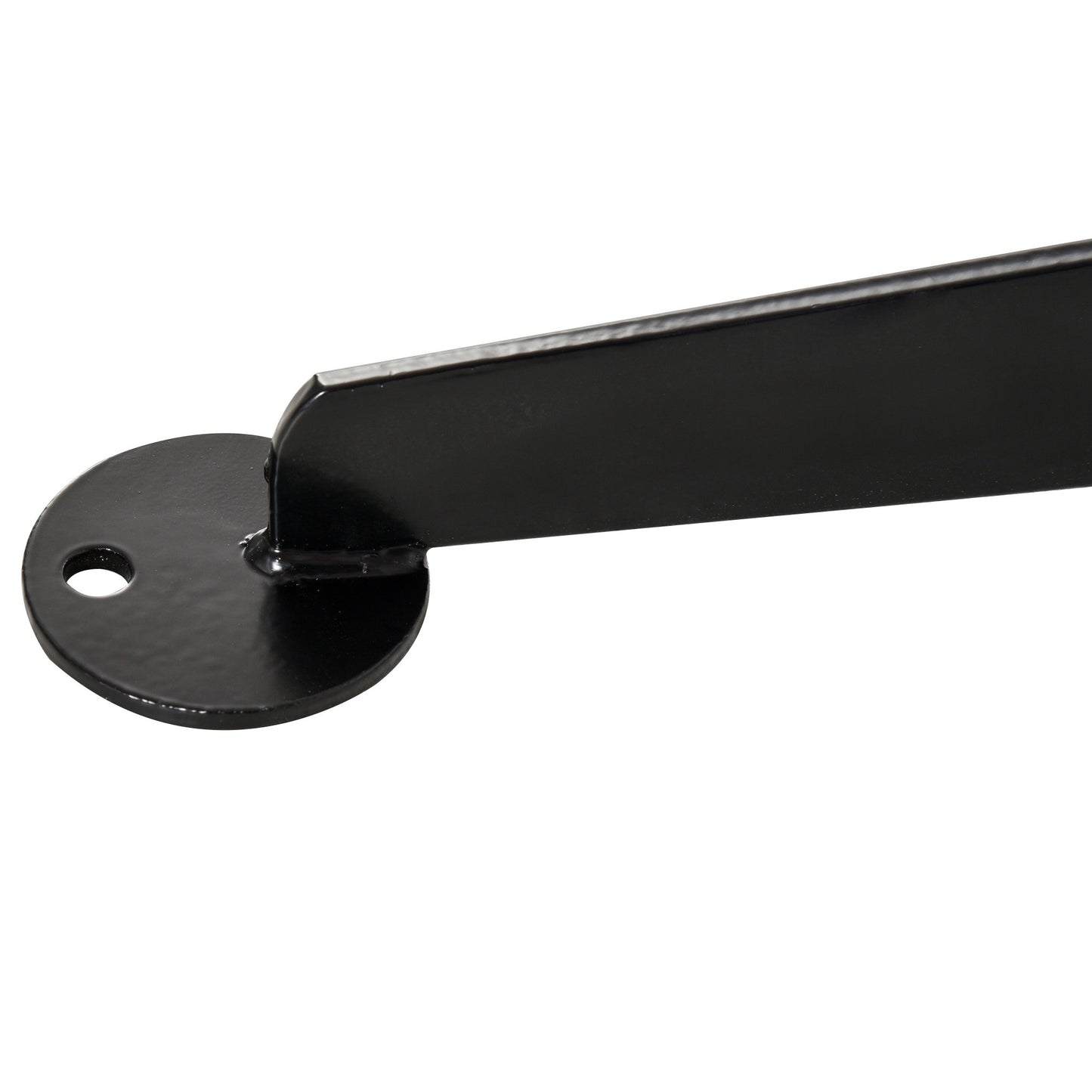 Close-up of black hammock stand leg and round base plate with a mounting hole