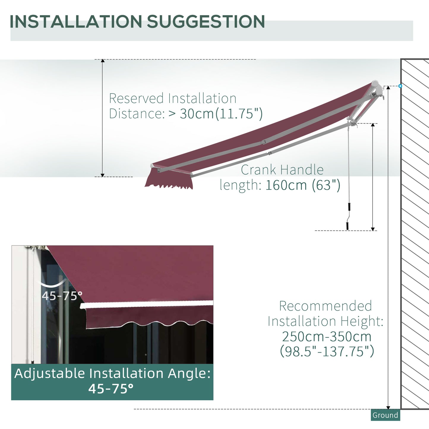Outsunny 3 x 2.5m Manual Retractable Awning for Patio 45-75° Sun Canopy with Waterproof Fabric - Wine Red