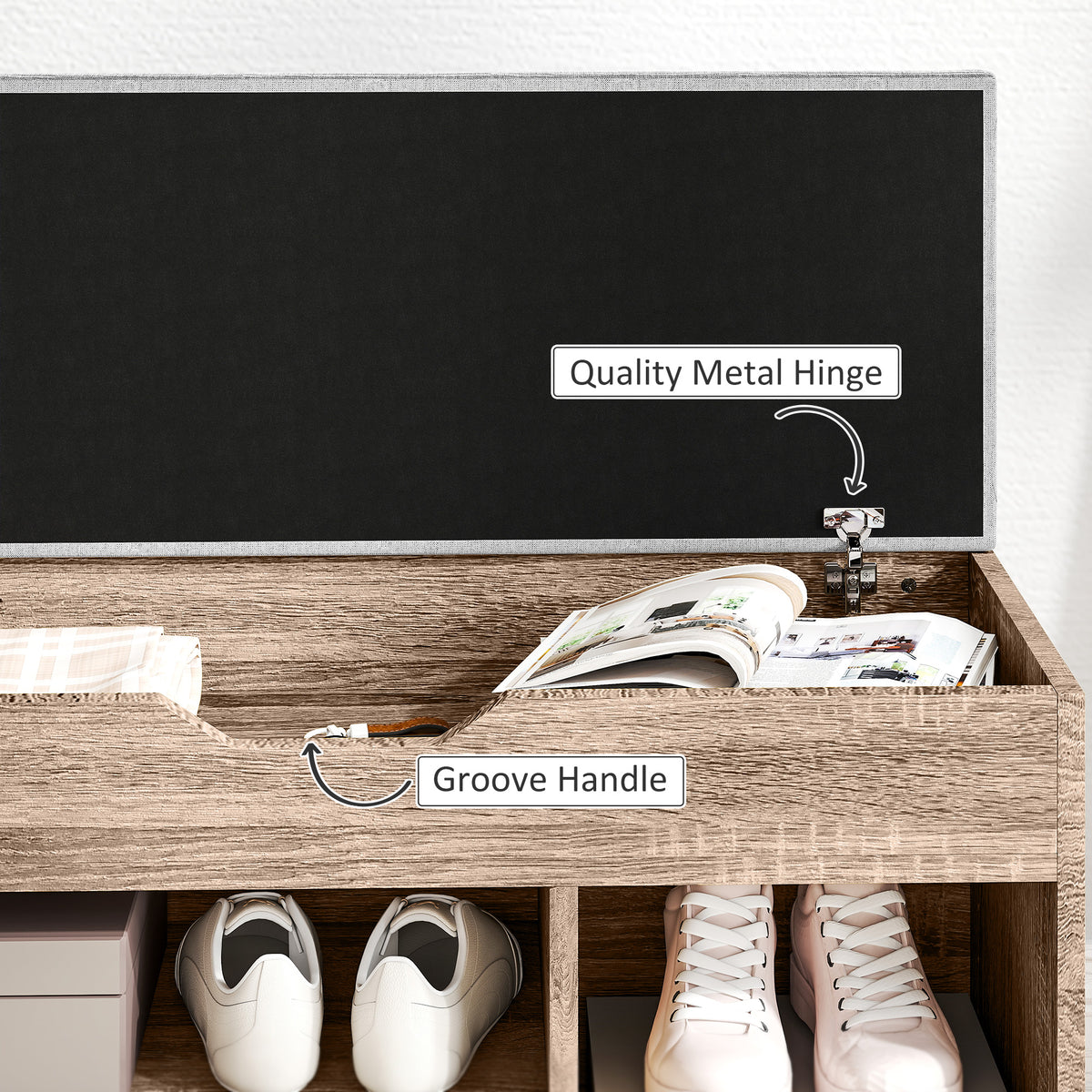 Open shoe bench compartment with metal hinge and groove handle above shoe storage shelves