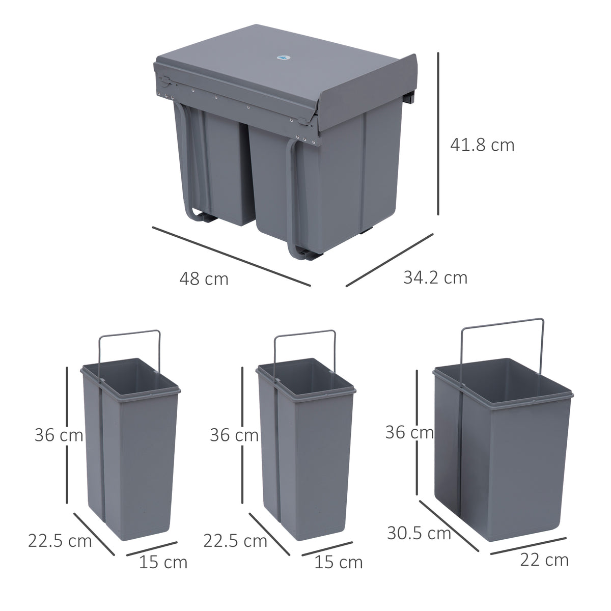 HOMCOM gray pull-out recycling bin with three removable buckets and dimensions
