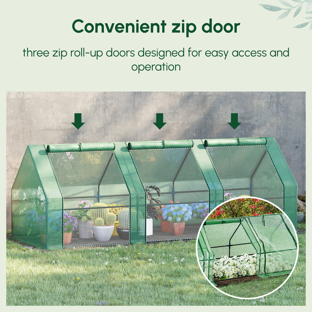 Outsunny greenhouse with three zip-up roll doors shown open