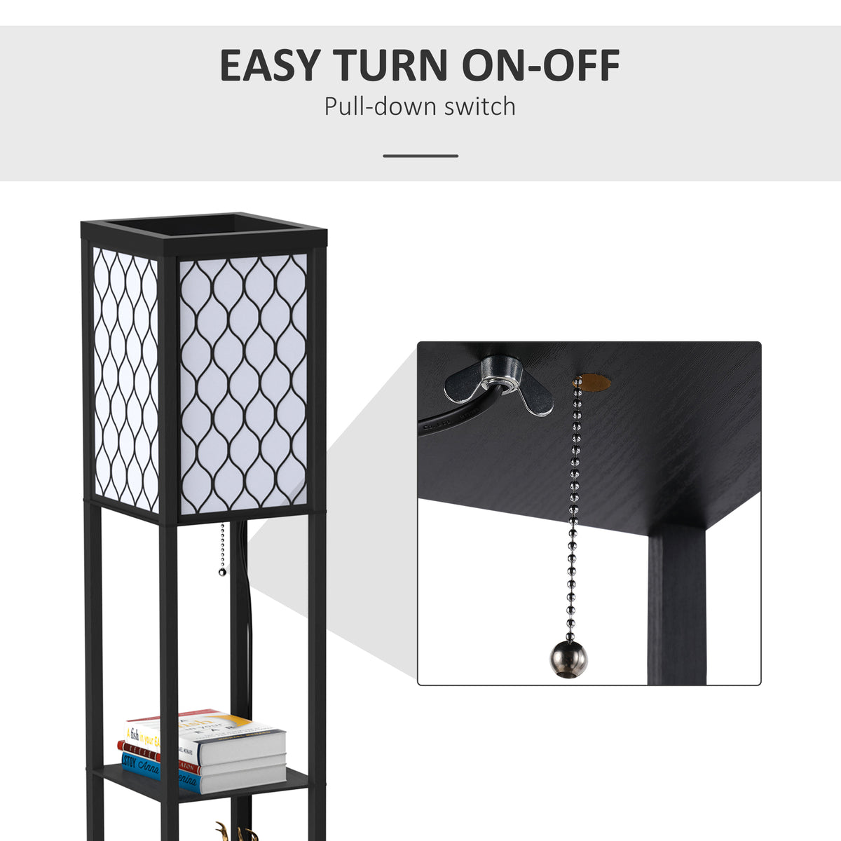 Black shelf floor lamp with a hanging pull-chain switch