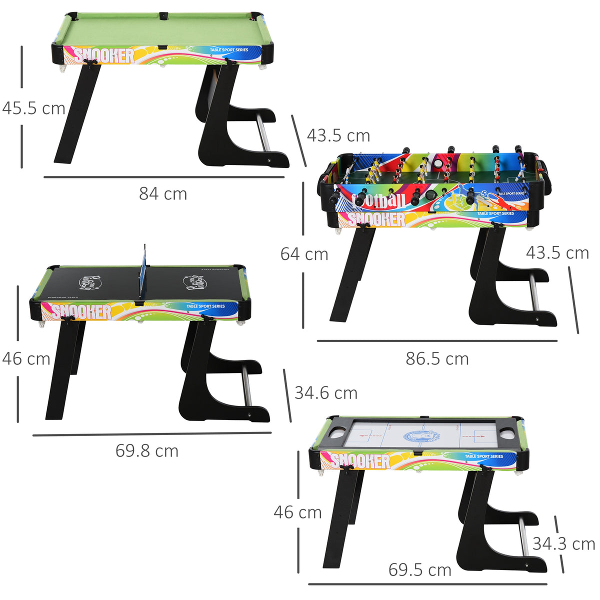 HOMCOM multi-game table shown in four configurations with dimensions