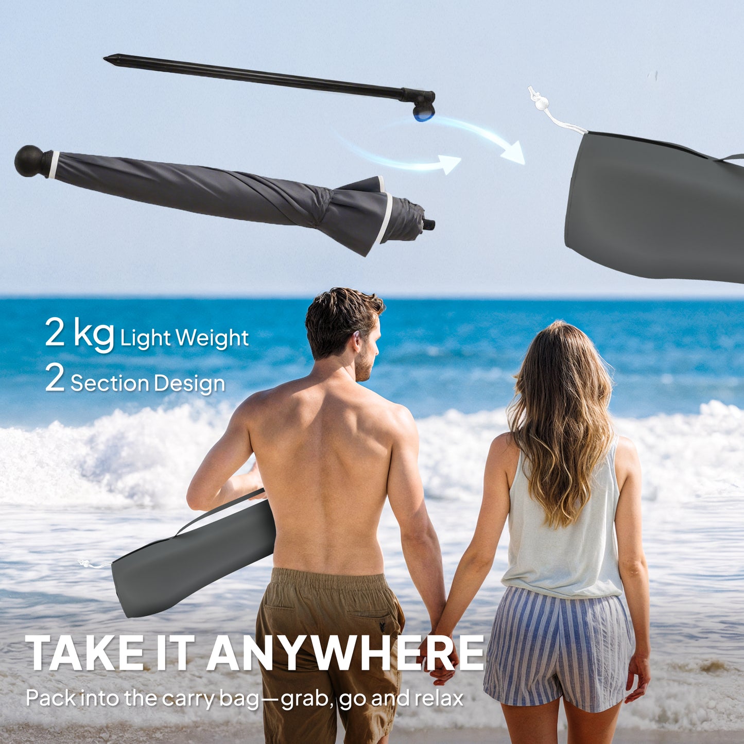 Outsunny 1.8 m Beach Umbrella Parasol with Sand Anchor, Portable 30° Tilting Patio Sun Shade with Adjustable Height, Dark Grey