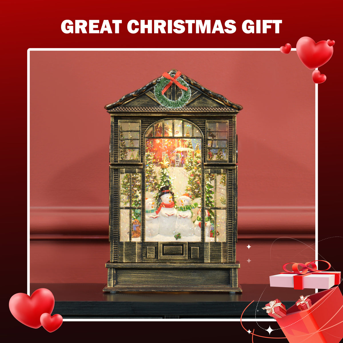 Lighted bronze-tone Christmas lantern with swirling snow and snowmen inside
