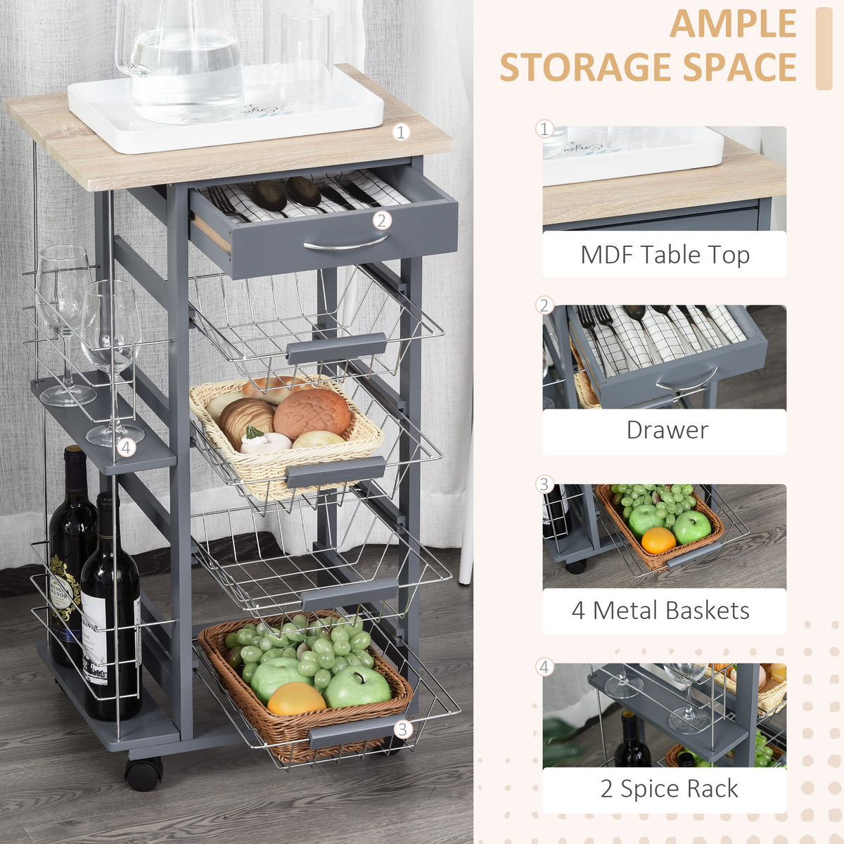 Rolling gray kitchen cart with four metal baskets, a drawer, and side spice racks