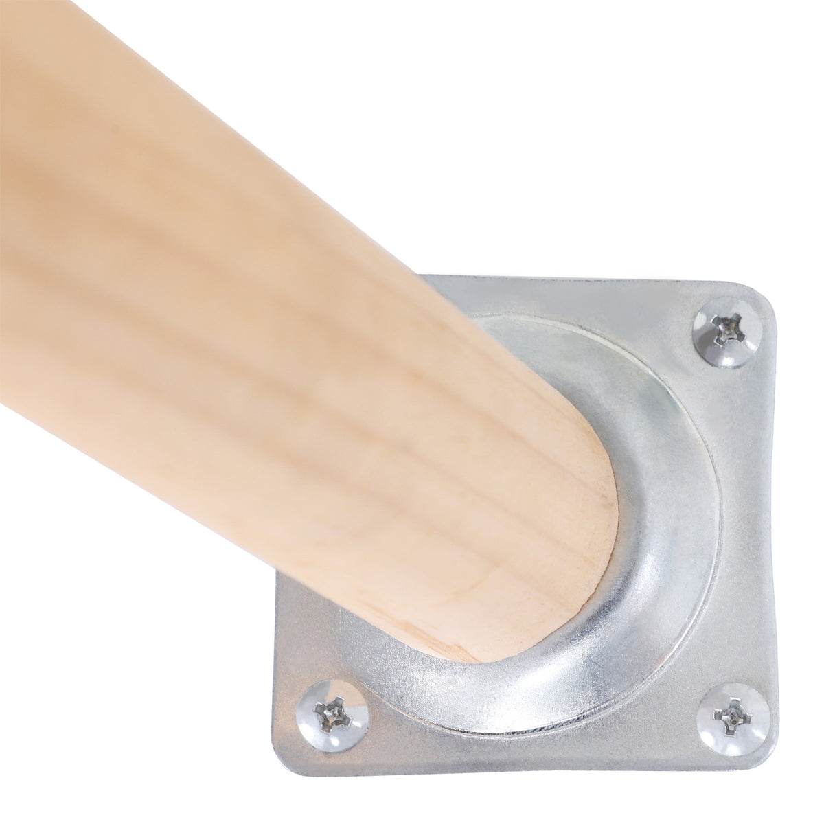 Close-up of a wood table leg secured to a square metal mounting plate