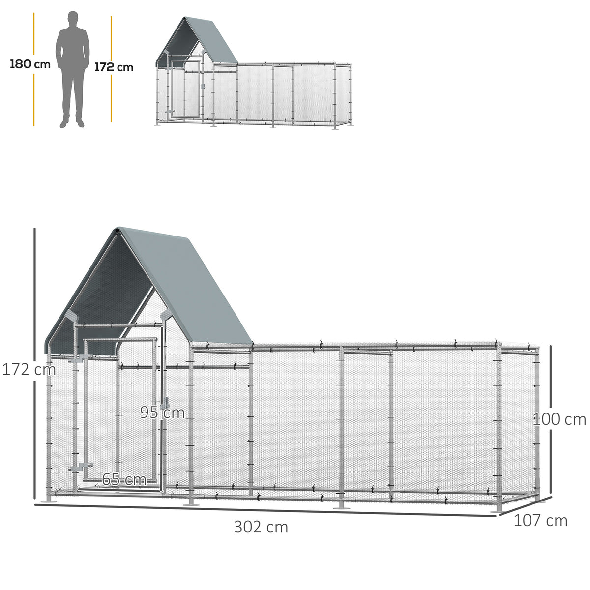 Walk-in chicken run with covered roof, mesh panels, door, and dimensions of 302 x 107 x 172 cm