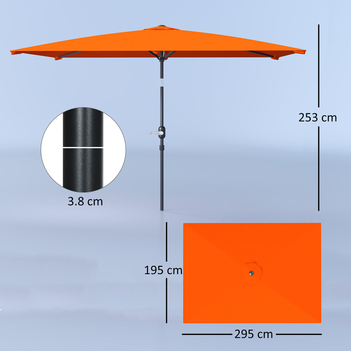 Orange 3-by-2-meter garden parasol with 253 cm pole and size diagram