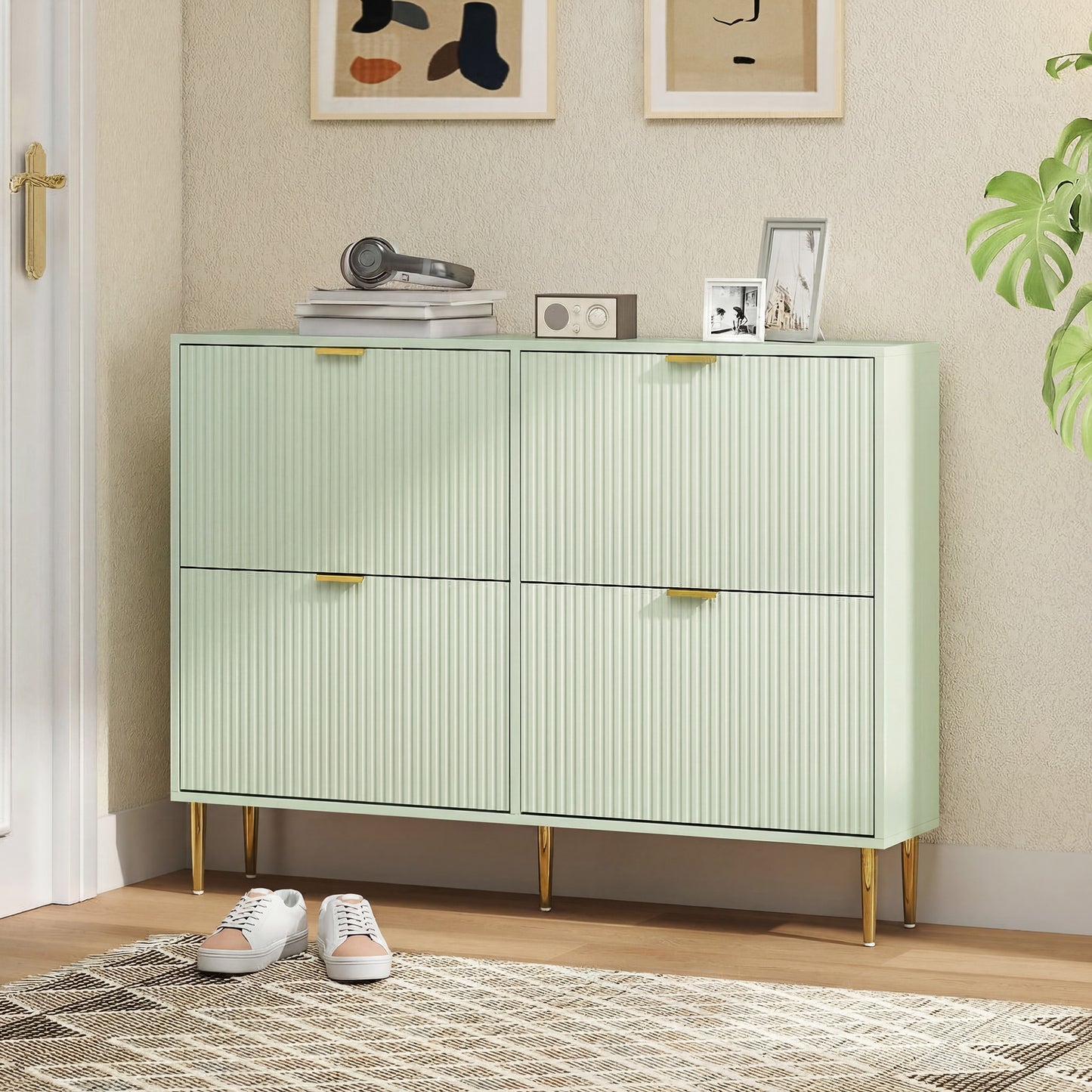 HOMCOM Elegant Four-Drawer Shoe Cabinet - Light Green