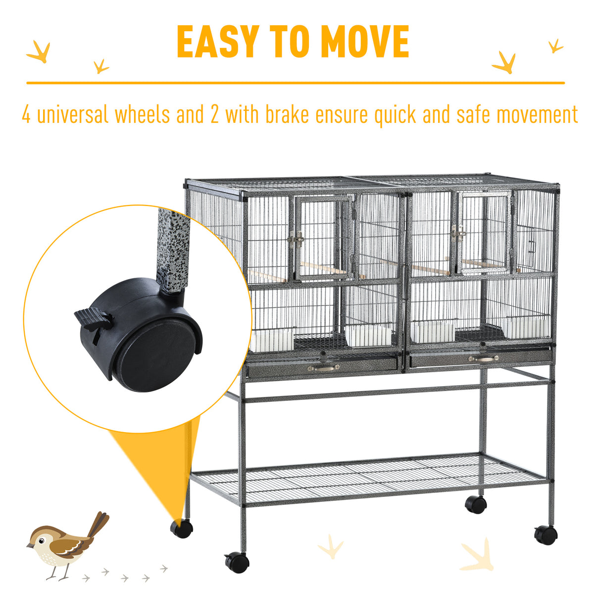 PawHut bird cage on four swivel wheels, with a close-up of a locking caster