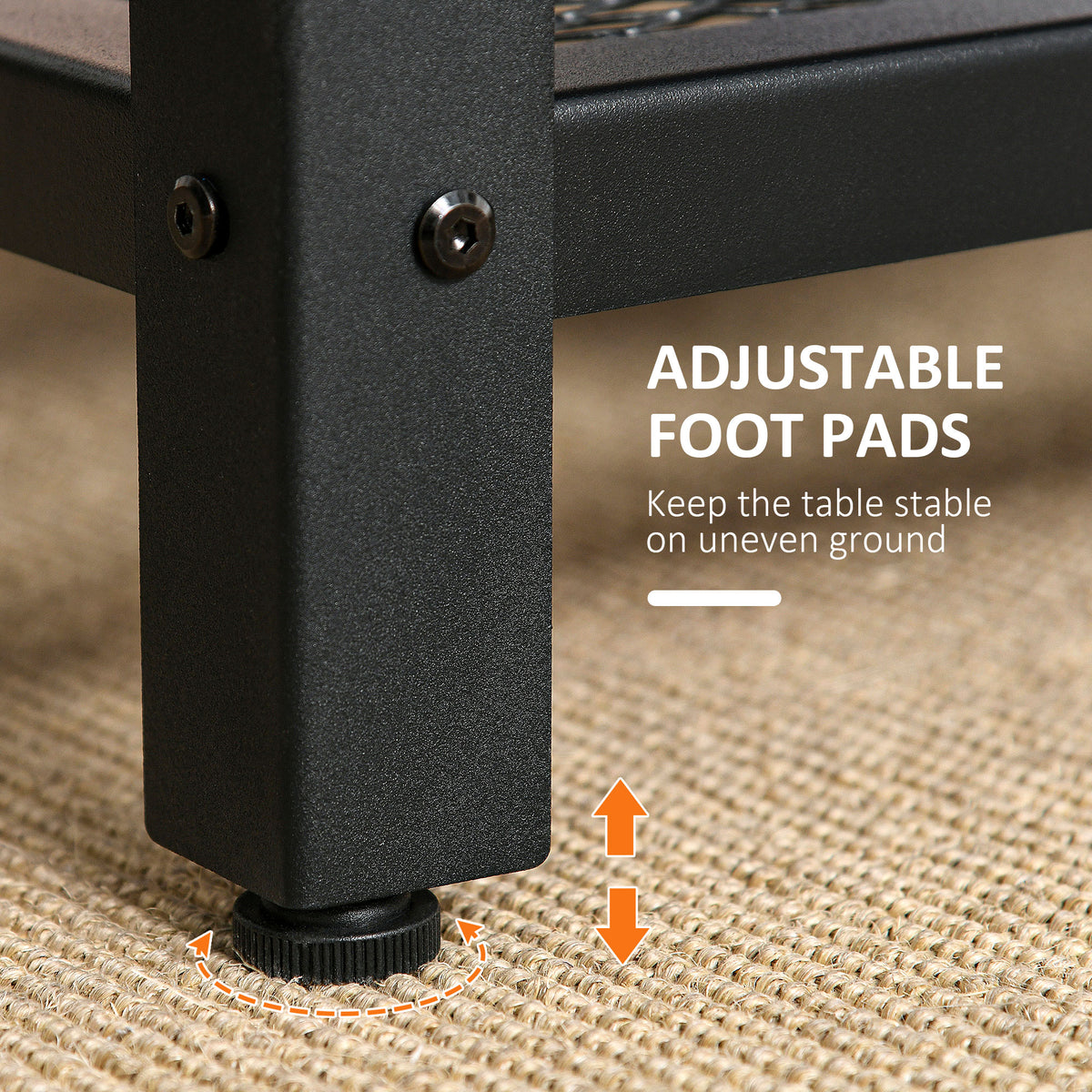 Coffee table adjustable foot pad on a black metal leg