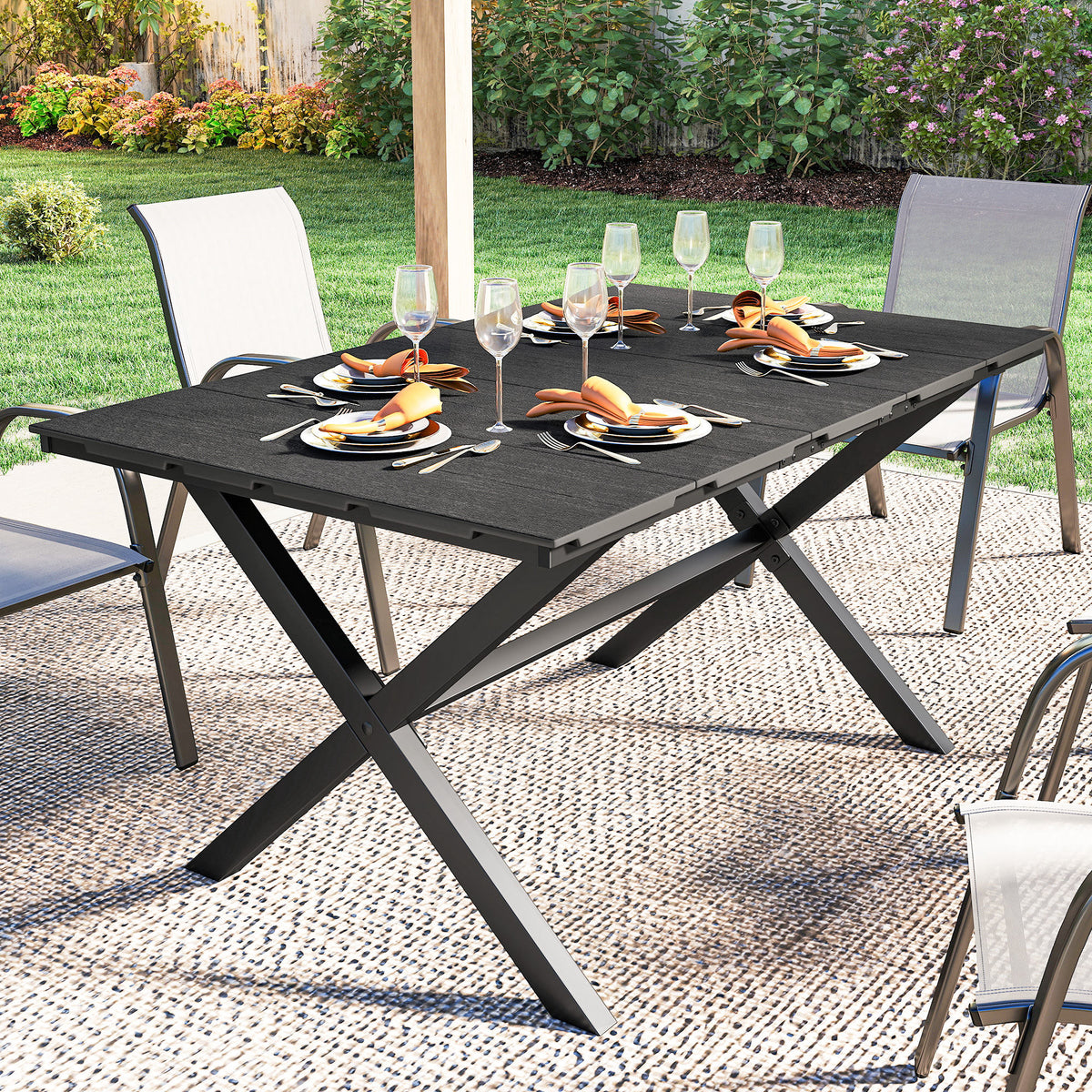 Outsunny Garden Dining Table for 6, Rectangular Outdoor Table with Wood Effect HDPE Top, X-Shaped Metal Legs, Black