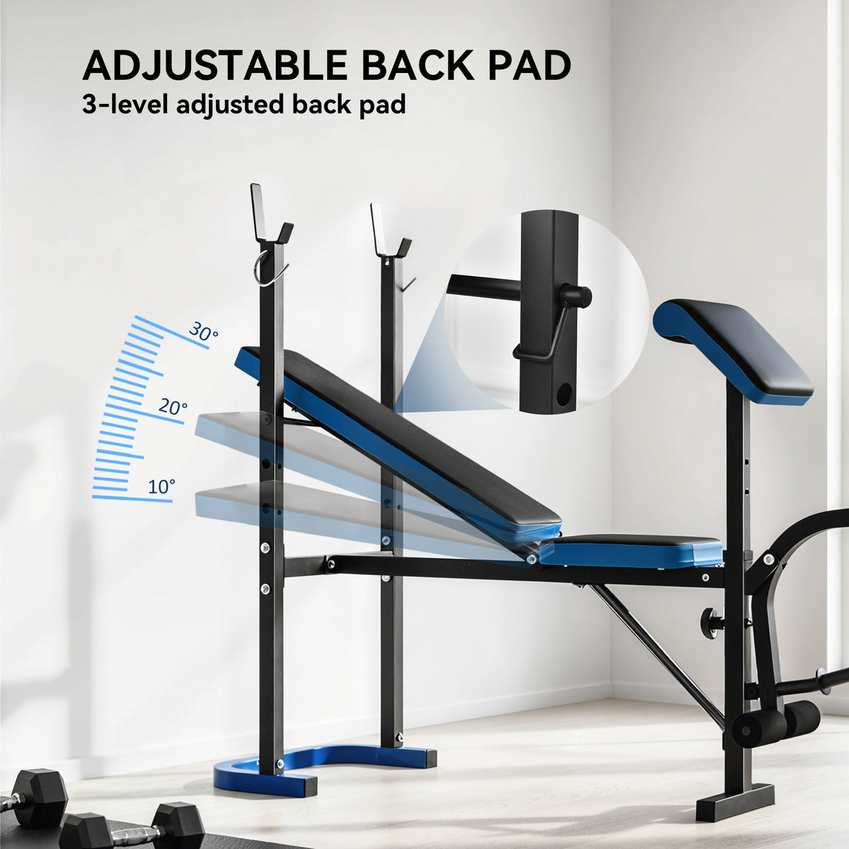 Adjustable weight bench with three back pad angles, barbell rack and leg developer