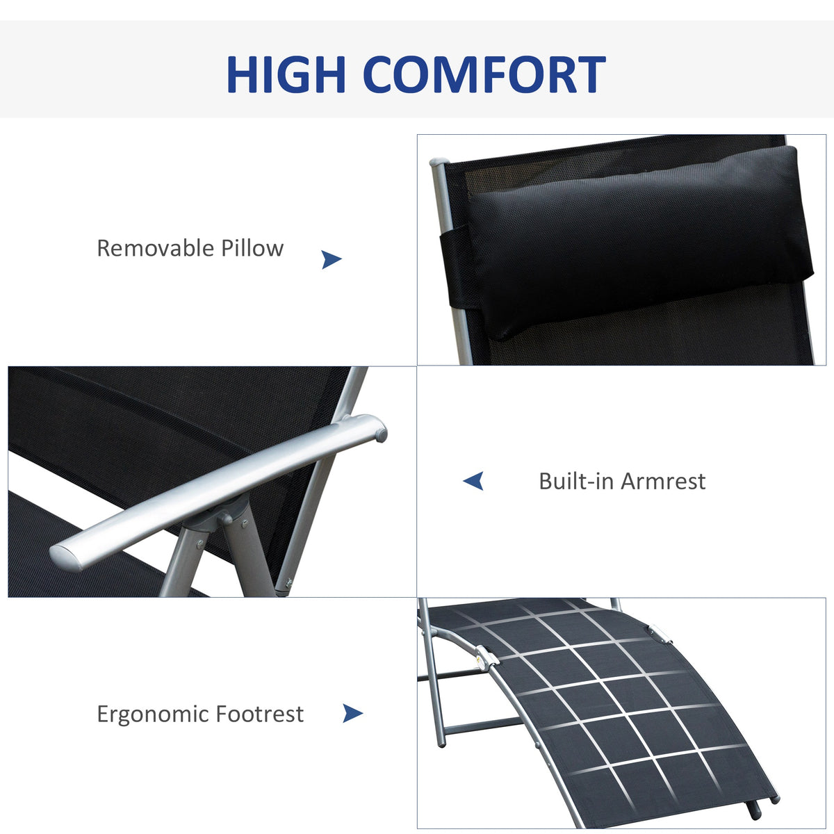Black sun lounger details: removable pillow, built-in armrest and ergonomic footrest