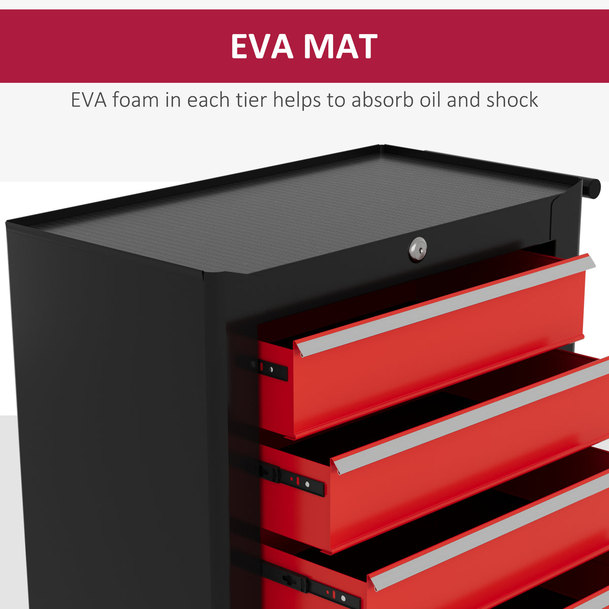 HOMCOM tool chest with textured top and partially open red drawers