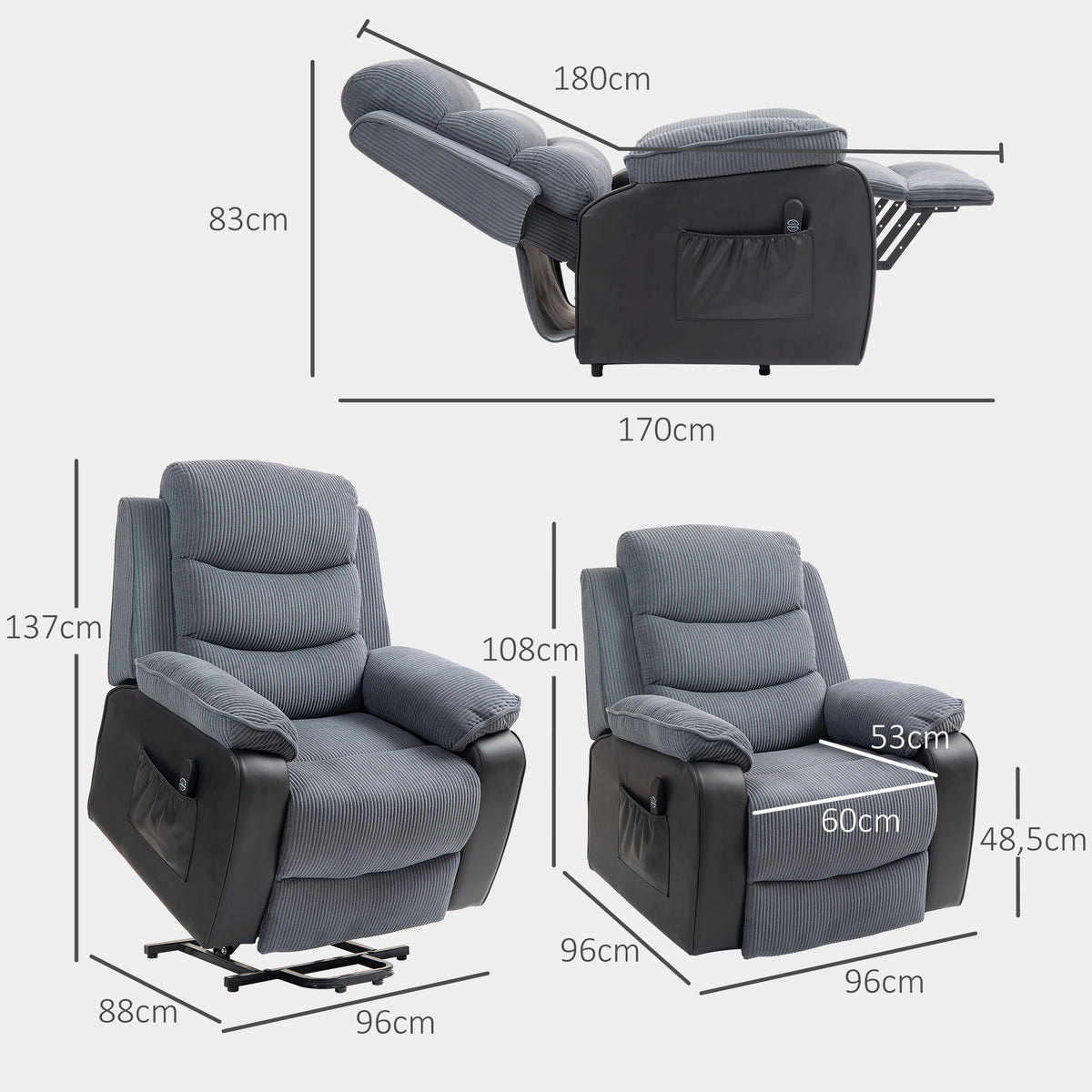 Dark grey corduroy electric lift chair with reclining and upright dimensions