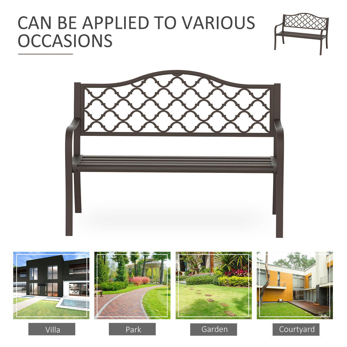 Garden bench shown from the front with a diamond-pattern back and slatted seat