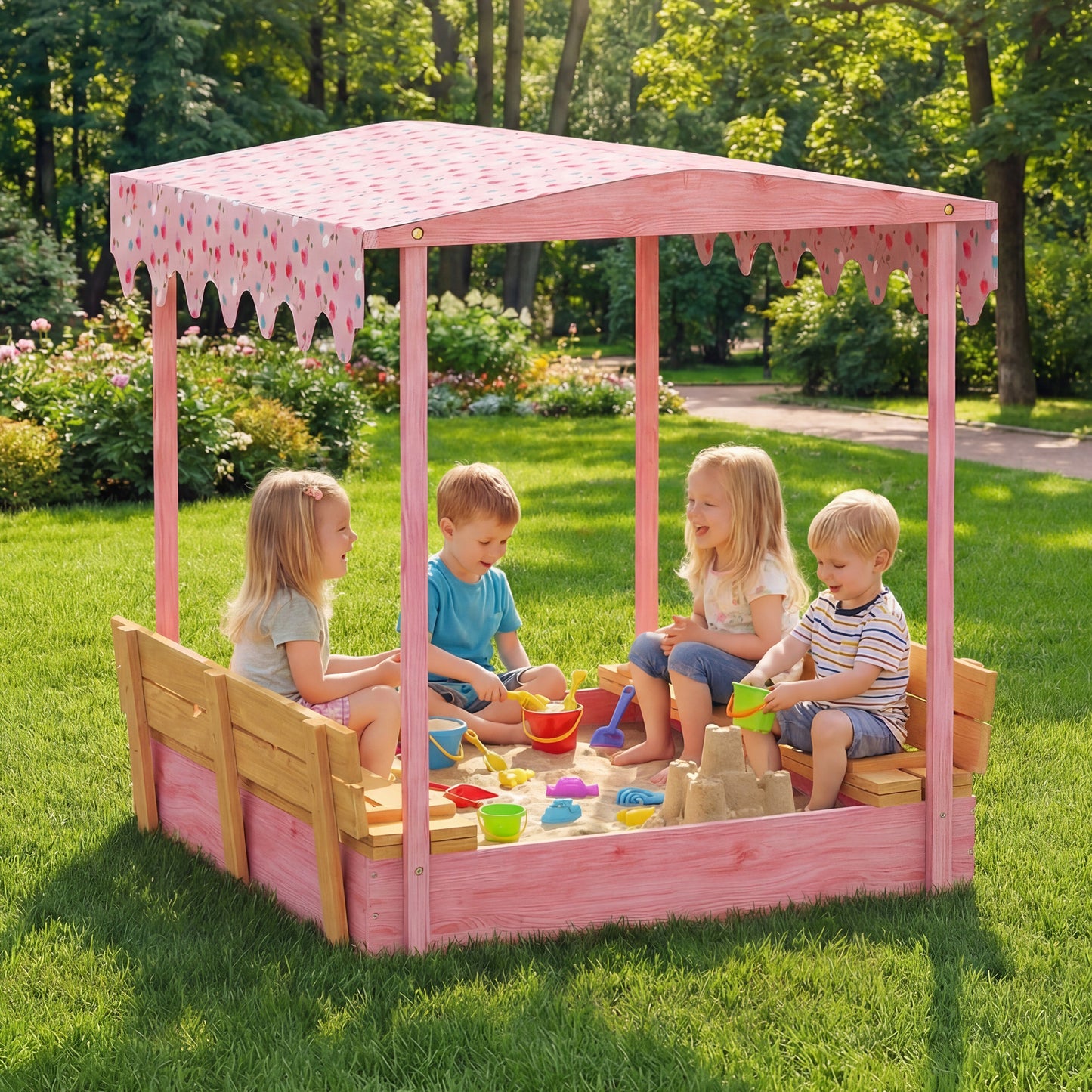 AIYAPLAY Wooden Sandbox with Lid, Flamingos Print Canopy, Kids Outdoor Sand Pit with Foldable Bench Seats, Bottom Liner, Pink