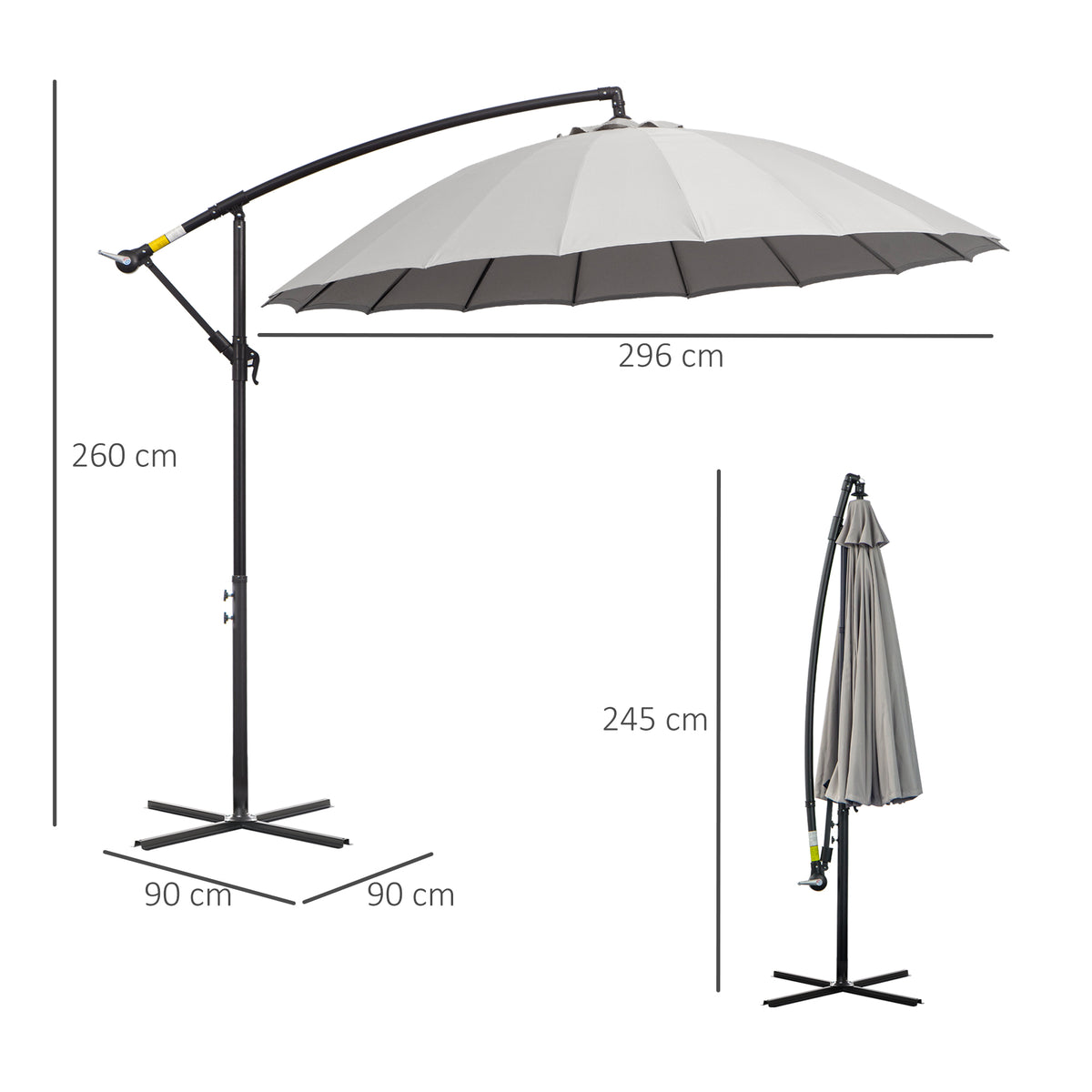 Outsunny cantilever umbrella shown open and folded with dimensions