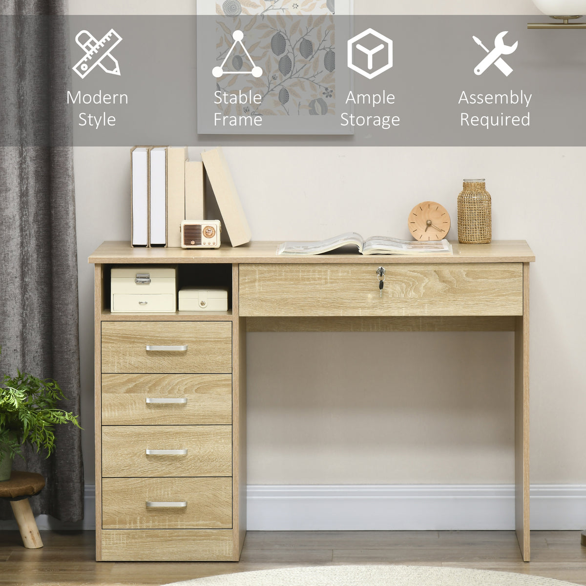 Oak desk with five drawers and a lockable drawer, shown in a room