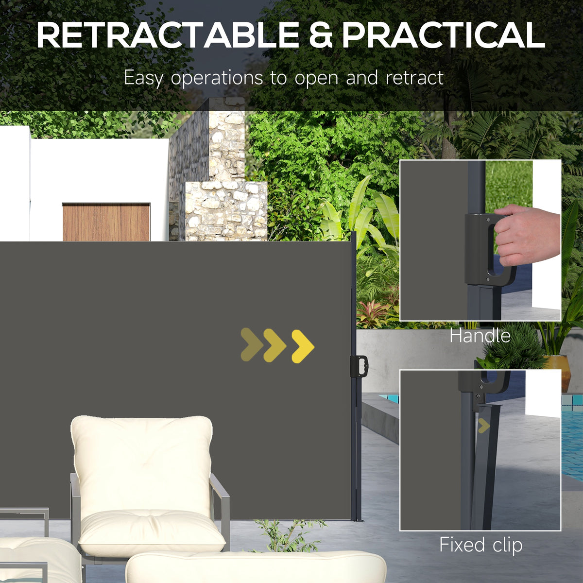 Outsunny retractable side awning with handle and fixed clip details