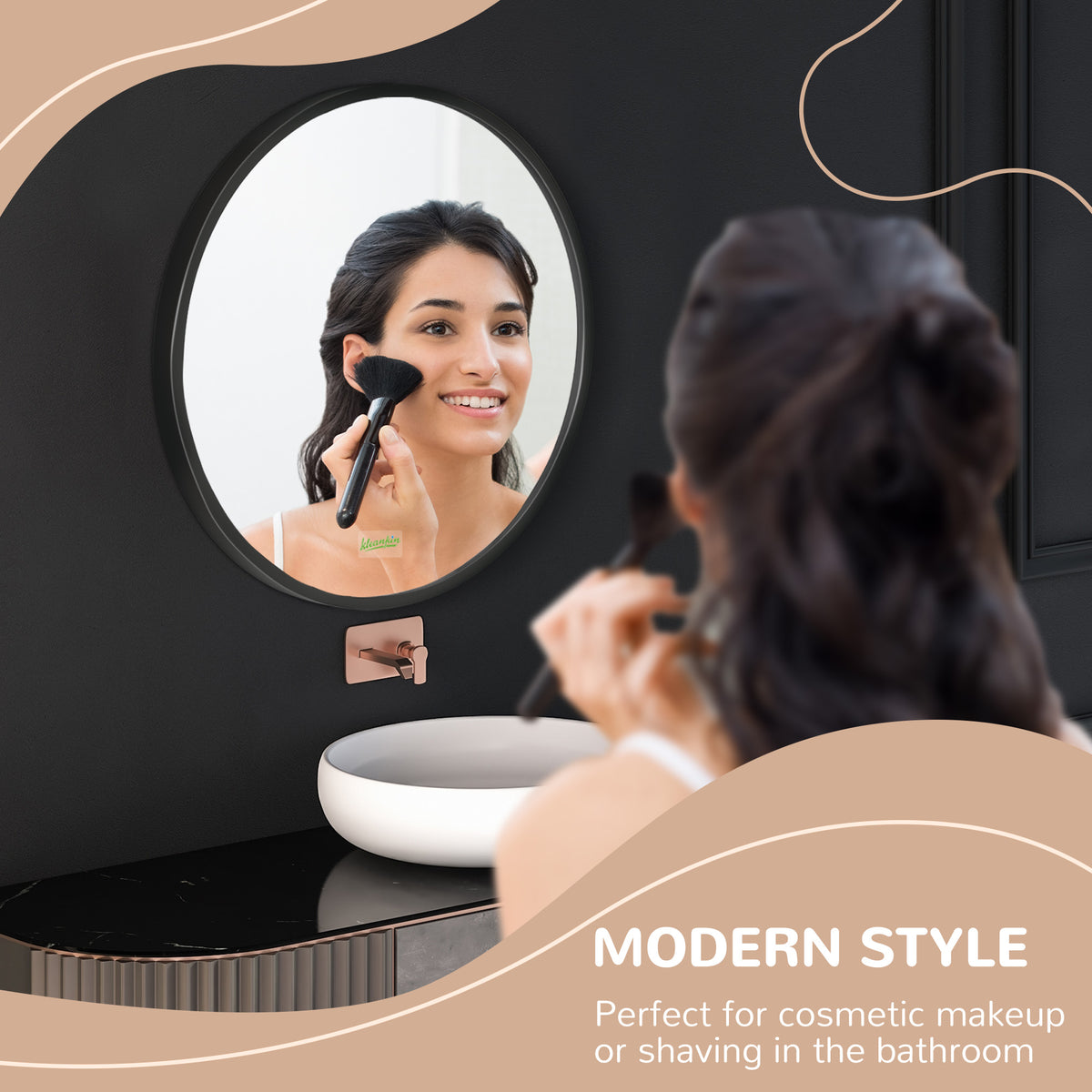 Round black-framed bathroom mirror used for applying makeup.
