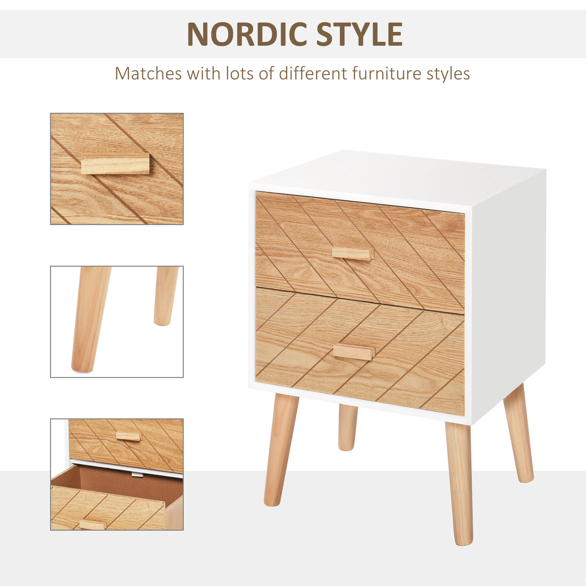 Two-drawer bedside table with natural wood-patterned fronts, white frame, and tapered pine legs
