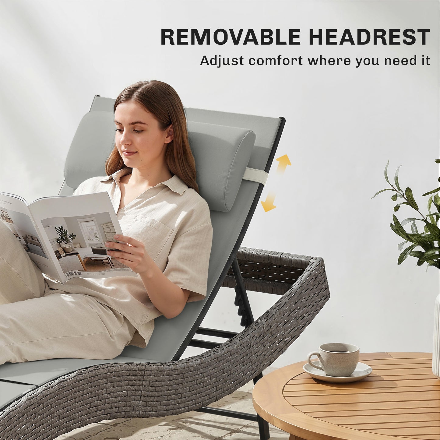 Outsunny Rattan Sun Lounger, Garden Recliner with 5 Position Adjustable Back, S Shaped Texteline Seat, Headrest, Light Grey