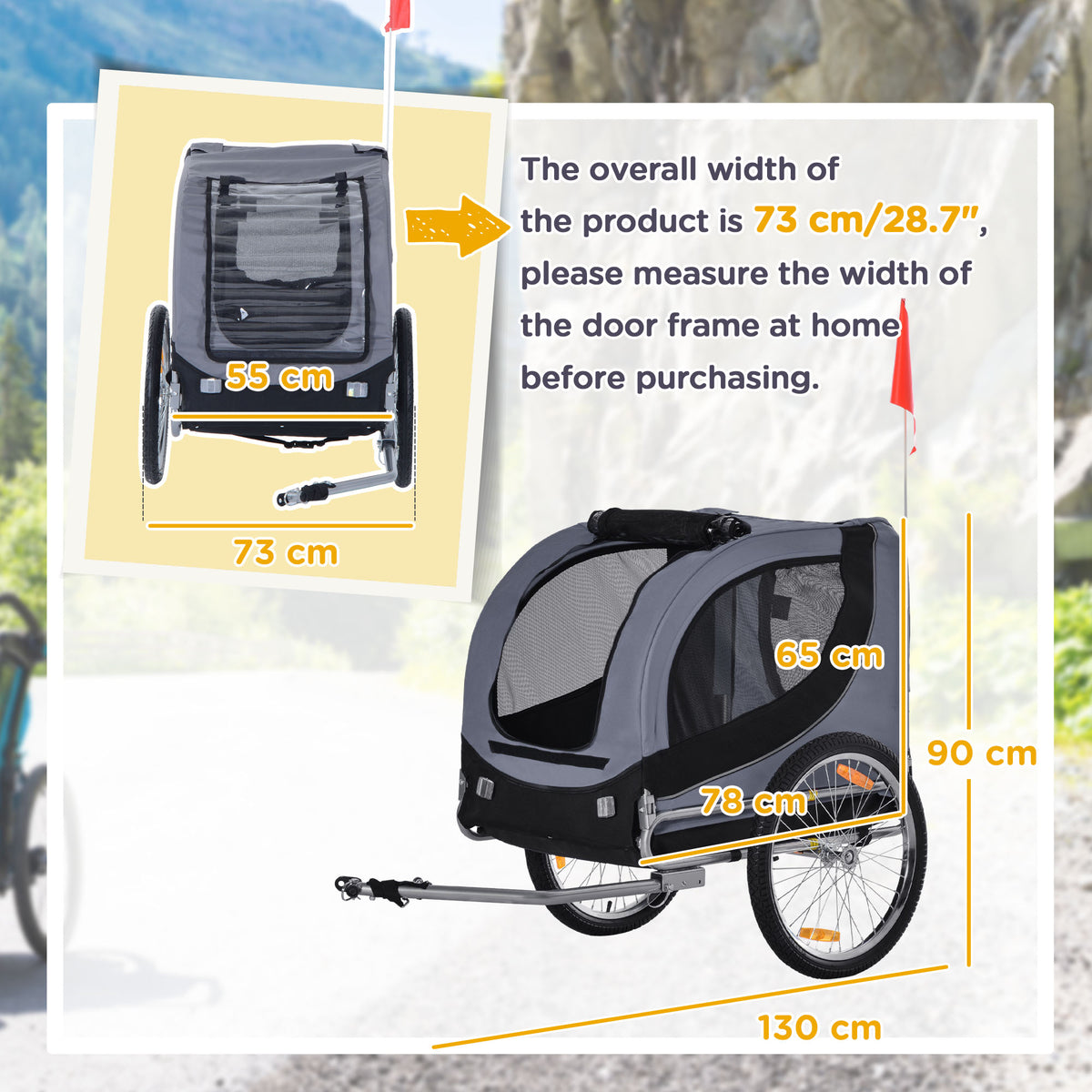 PawHut dog bike trailer with mesh windows, shown with overall dimensions and width measurements