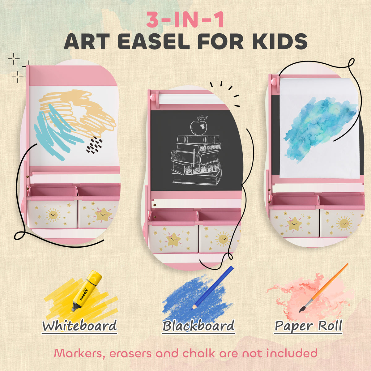 AIYAPLAY Art Easel for Kids, Double-Sided Whiteboard/Blackboard with Paper Roll, Two Storage Boxes, for Ages 3-8 Years, Pink