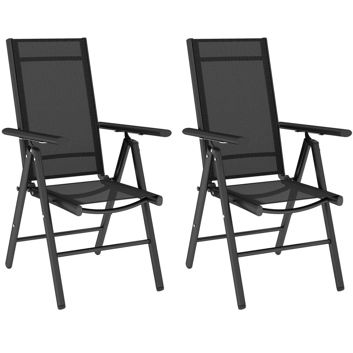 Outsunny set of two black folding garden chairs with aluminium frames, mesh seats, backs and armrests