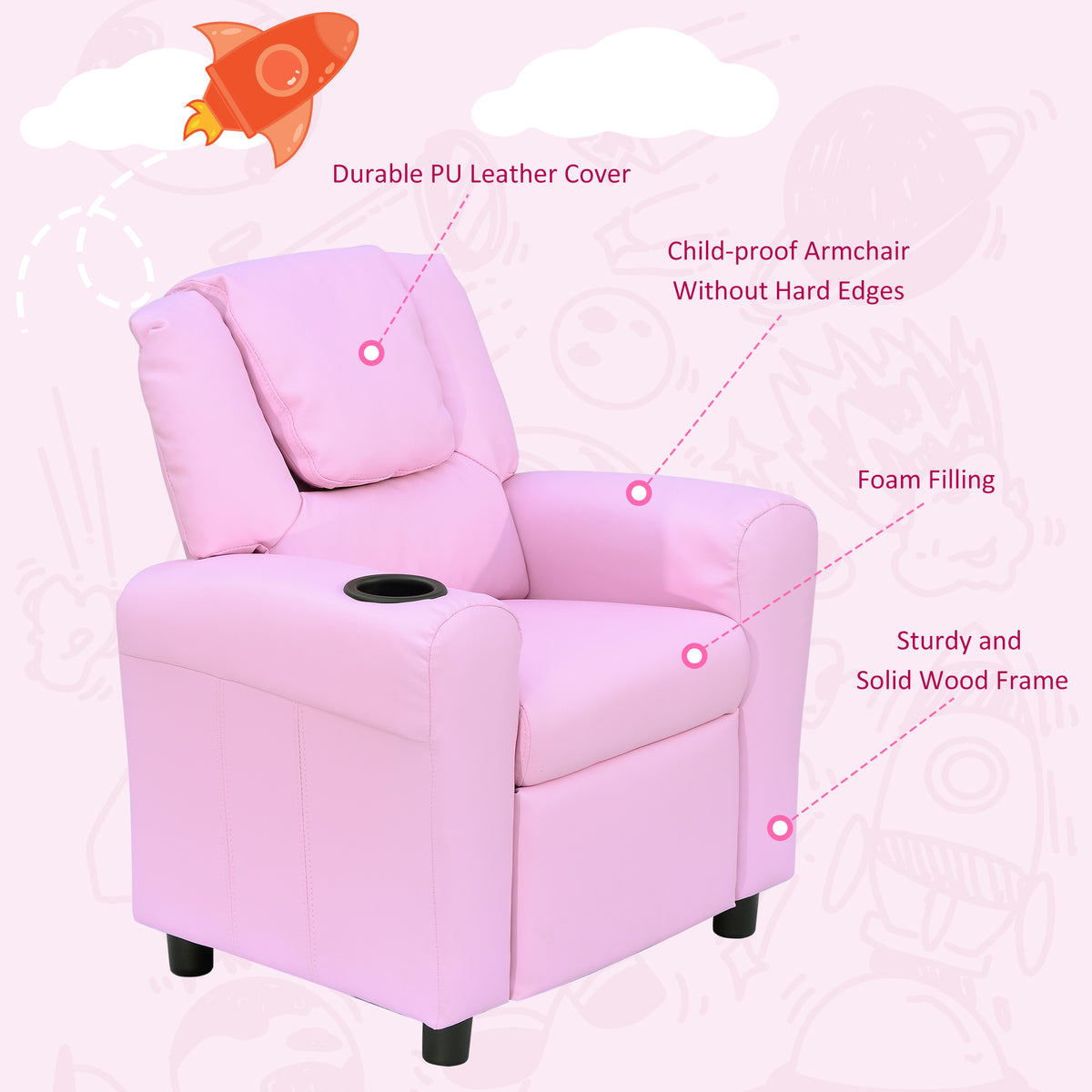 Pink PU leather kids' recliner chair with padded arms and cup holder