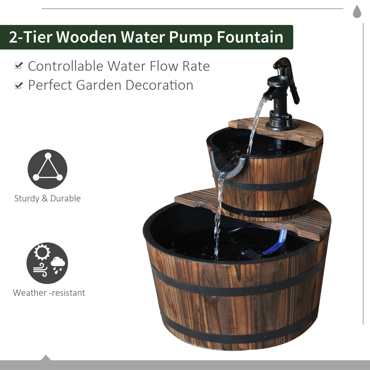 Two-tier wooden water pump fountain with water flowing between barrel basins