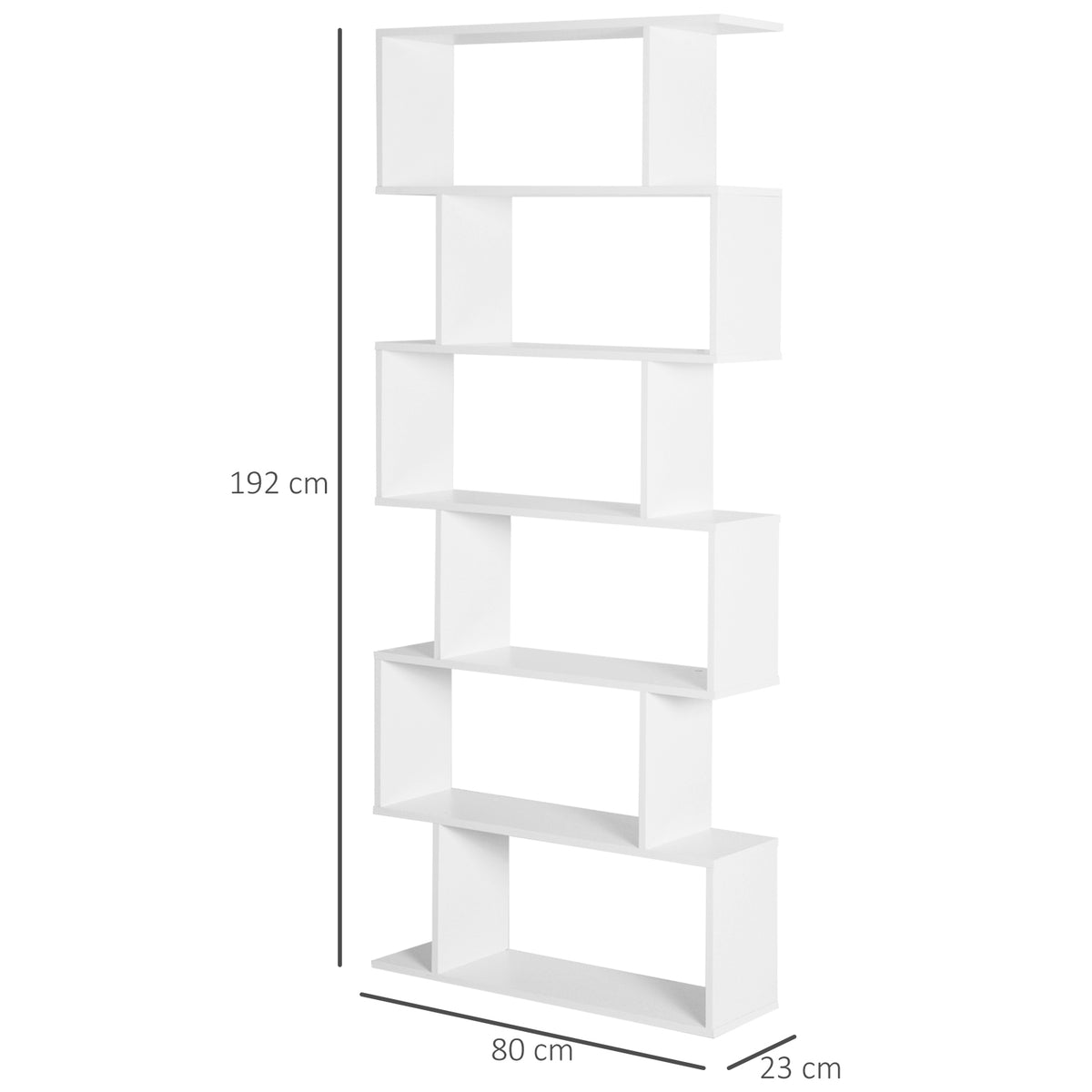 HOMCOM white six-tier S-shaped bookshelf, shown with height and width dimensions