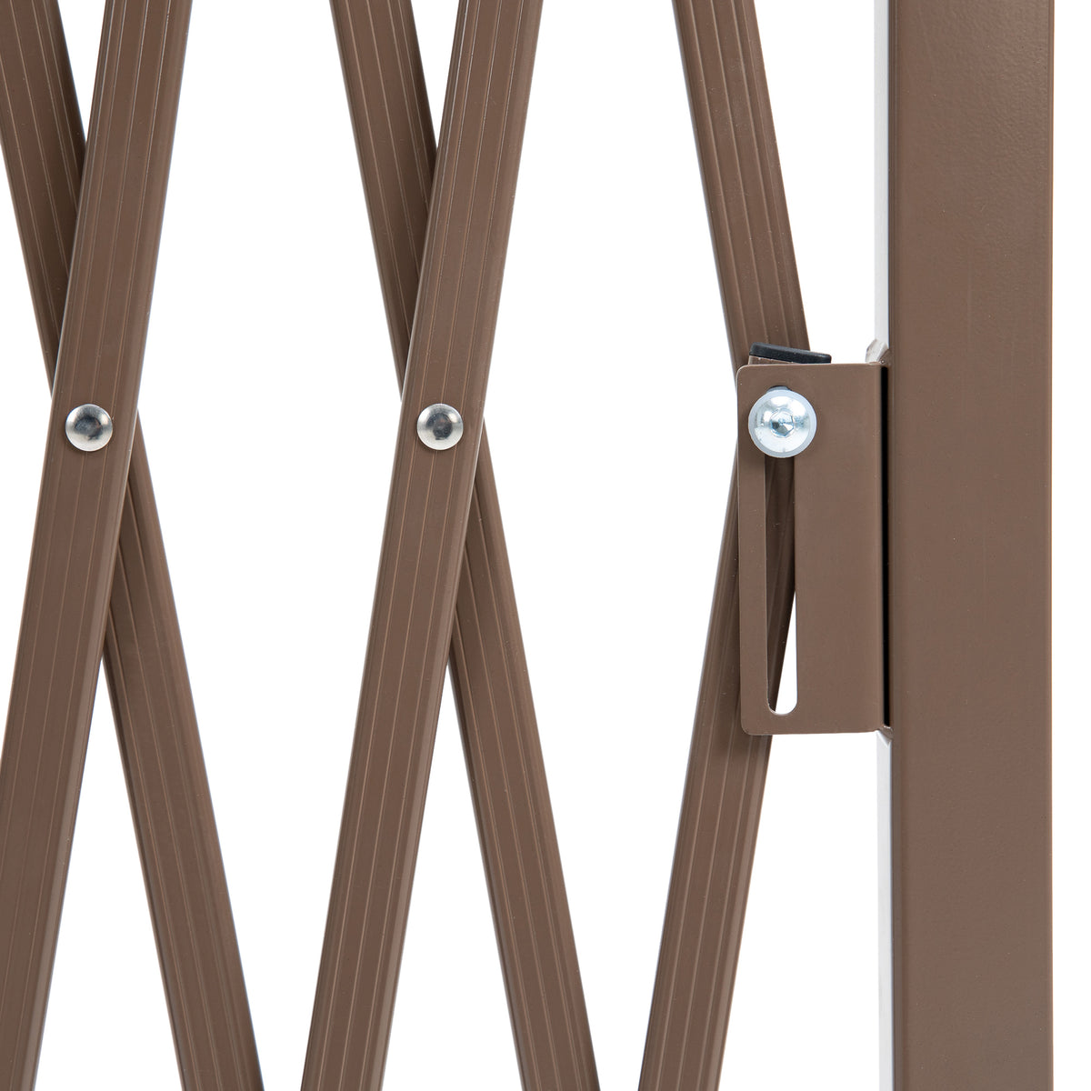 Close-up of dark brown trellis slats, metal fasteners, and a post hinge