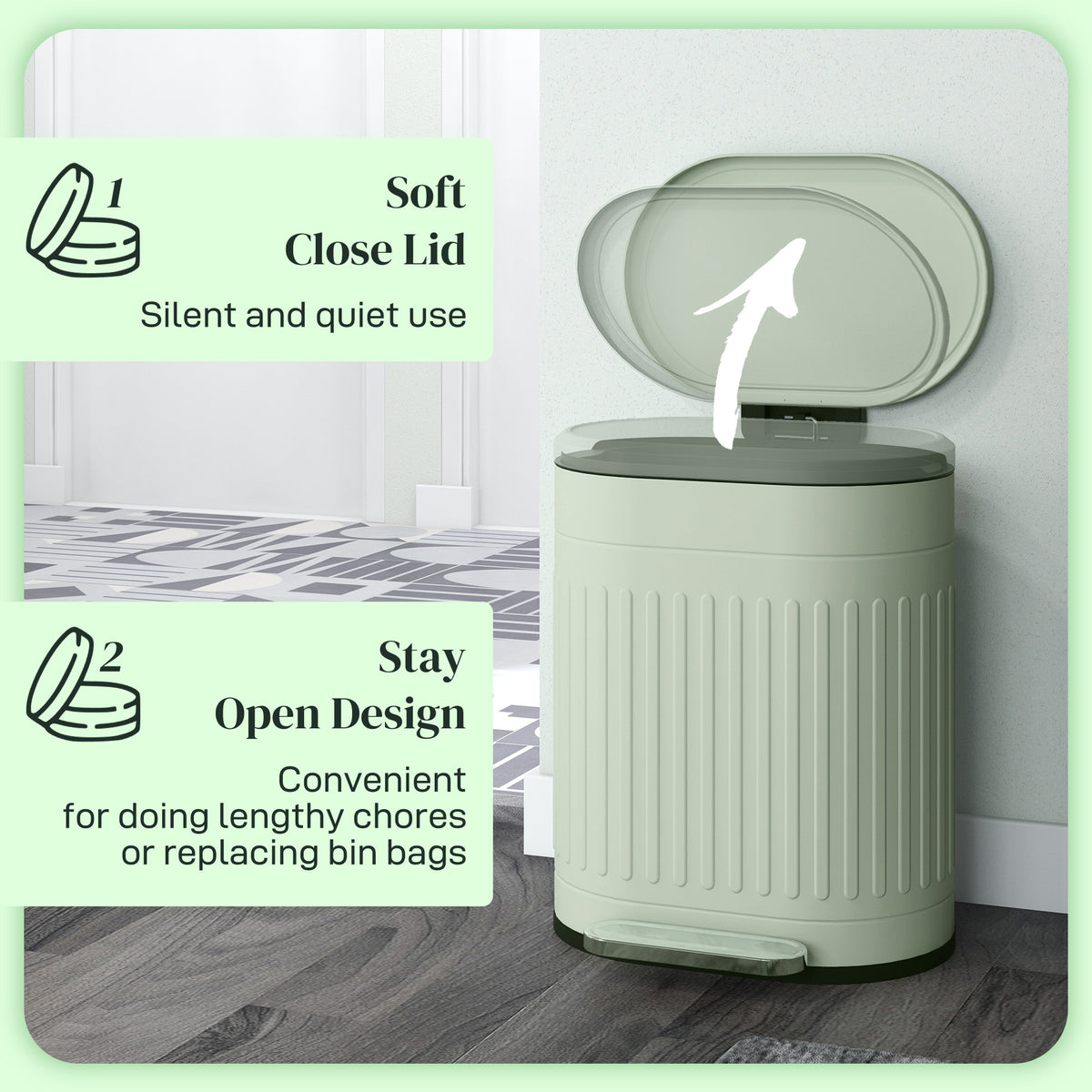 Light green metal bin with raised soft-close lid and ribbed body