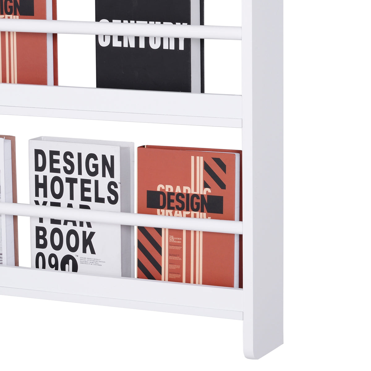 Close-up of the bookcase's white shelves and front book-retaining rails.