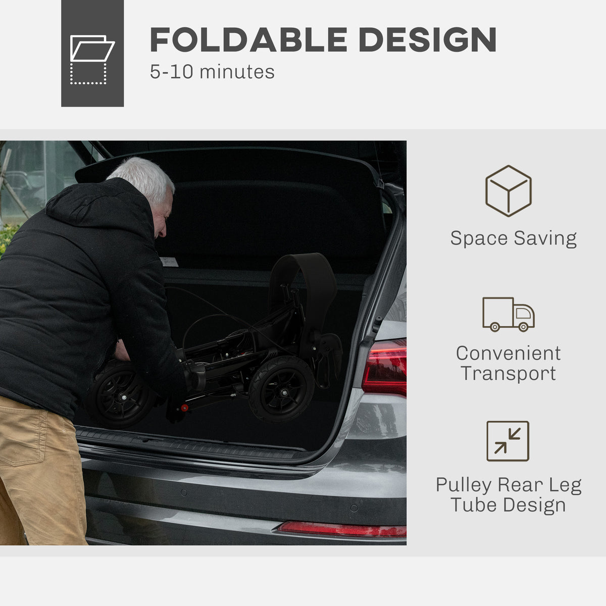 HOMCOM folding rollator walker shown compact for loading into a car