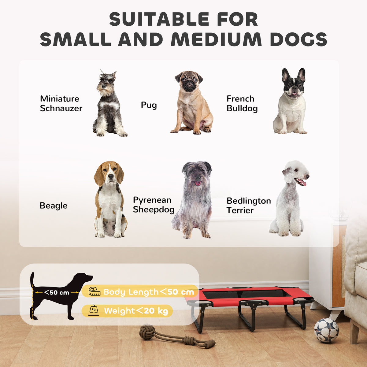 PawHut Portable Raised Dog Bed, Elevated Pet Cot with Breathable Mesh for Indoor Outdoor, for Small Medium Dogs, Red