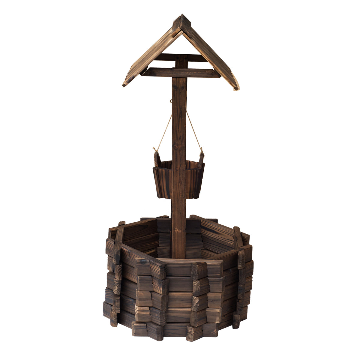 Rear view of a wooden wishing well planter with a hanging bucket and peaked roof