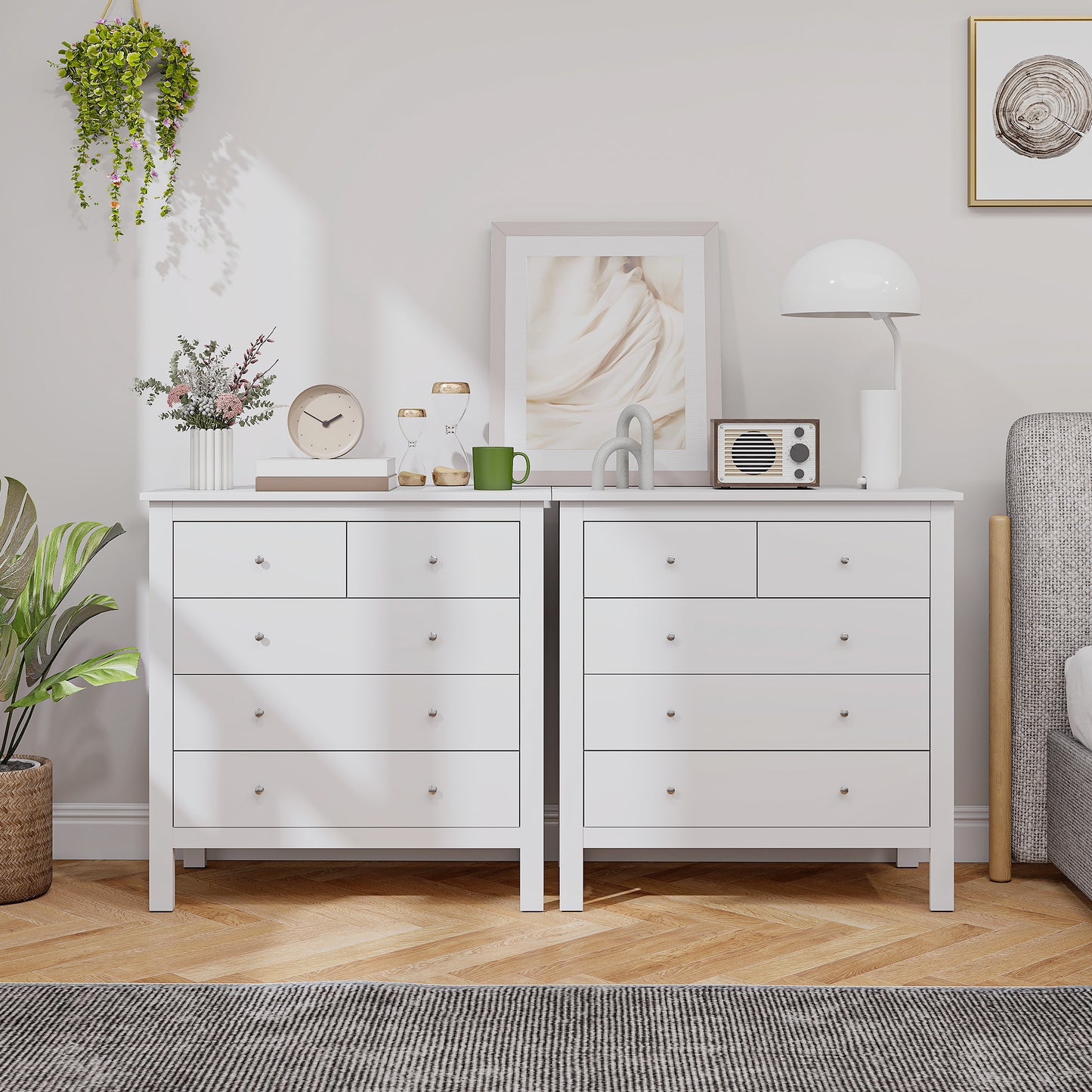 HOMCOM 5 Drawer Chest of Drawers, Modern Dresser for Bedroom, Wide Storage Unit for Living Room, Hallway, Closet, White