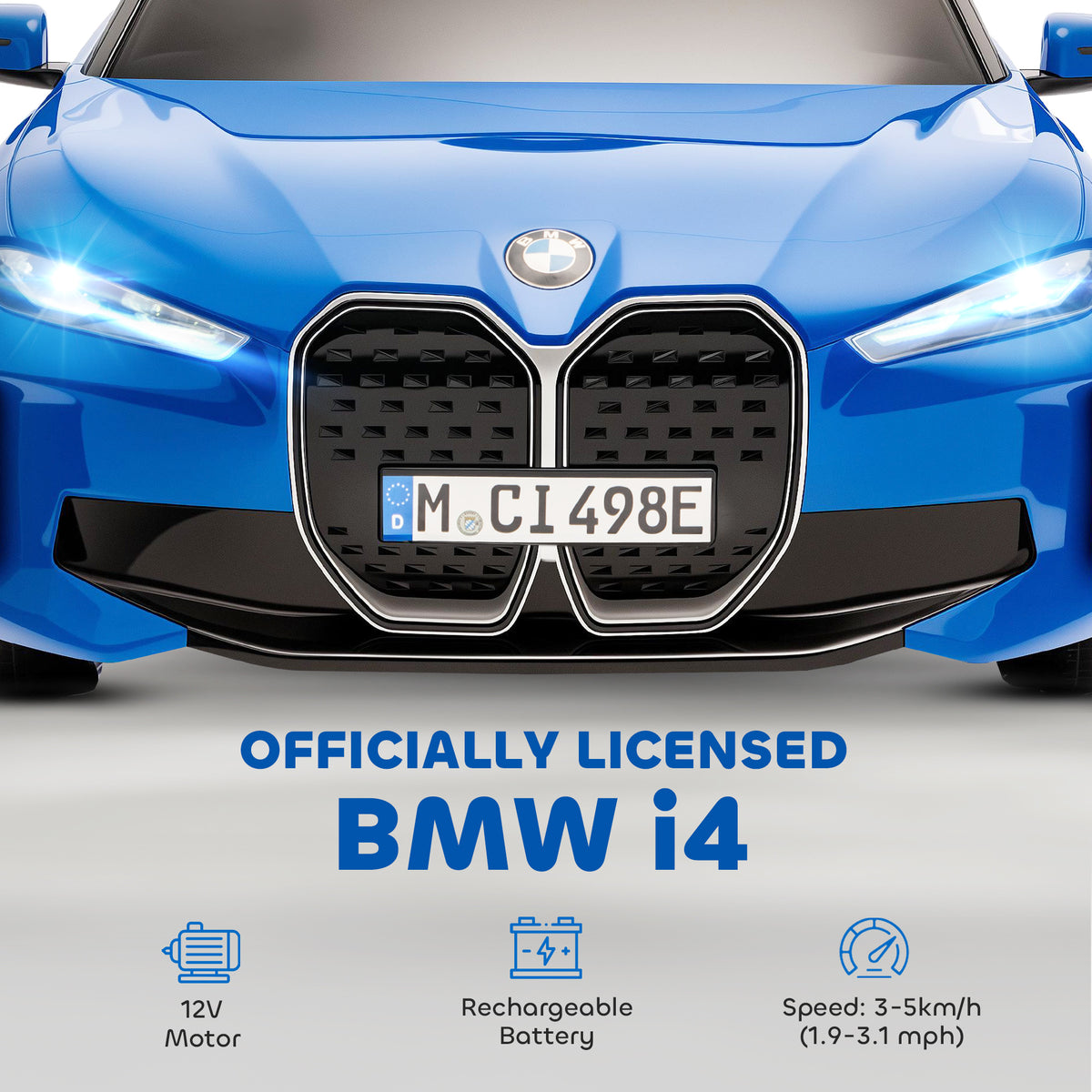 Close-up of the blue BMW i4 ride-on car front grille and headlights; 12V motor and battery details.